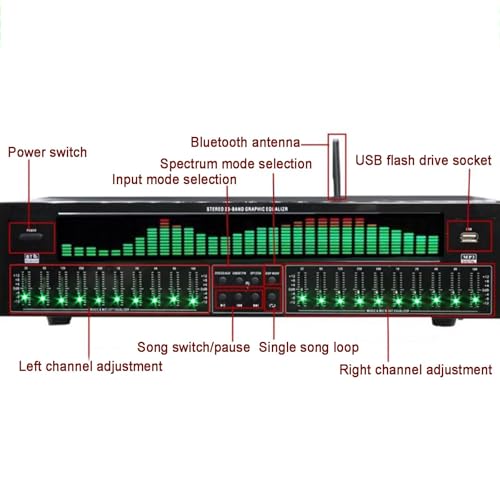Égaliseur numérique, égaliseur graphique stéréo 31 bandes avec télécommande, câble audio, 12 modes de rythme, réduction automatique du bruit, analyseur de spectre musical LED