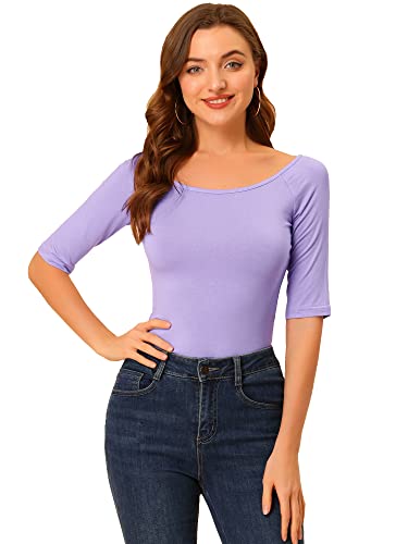 Allegra K Women's Half Sleeves Scoop Neck Fitted Layering Top Soft T-Shirt Small Lavender