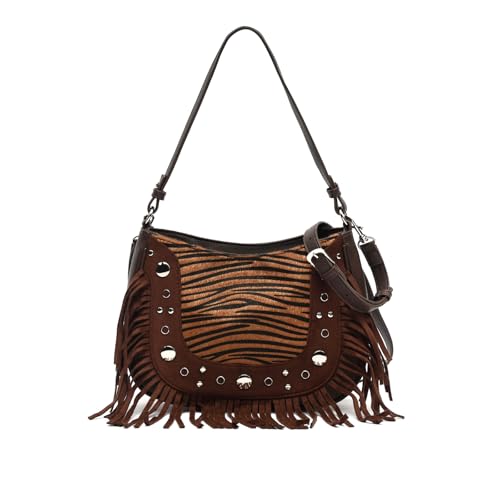 MISAKO Catrina-1 bolso de hombro animal print con asa bandolera extraíble con detalles metálicos y flecos Mujer - Catrina-1 Marrón 21x28x7cm