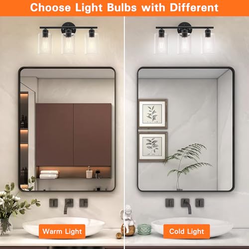 Image of Bathroom Vanity Light Fixtures Matte Black Bathroom Lighting Fixture, 3 Lights Bathroom Light Fixture Over Mirror, Modern Black Vanity Light, UL Certified Wall Sconces with Glass Shades