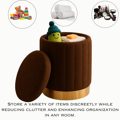 Image of Ottoman Stool with Storage, Round Dutch Velvet Cover Memory Foam Padded 32L Capacity Ottoman Bench Footrest, Pouffe, Office Stool, Makeup Chair, Vanity Chair for Living Room, Bedroom