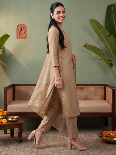 Image of INDO ERA Women's Silk Blend Ethnic Motifs Embroidered Thread Work Straight Kurta & Pant with Dupatta Set (Beige IEBBAI372 Large)