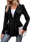 OYOANGLE Women's Long Puff Sleeve Button Front Lapel Neck Office Work Peplum Blazer Jacket Black L