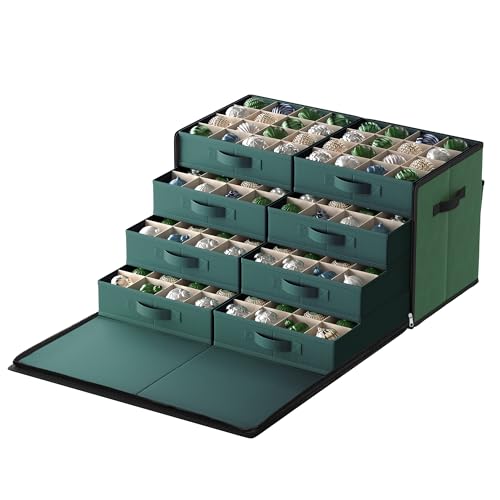 SONGMICS Large Christmas Ornament Storage Box, with Side Open, Stackable Christmas Storage Container with Lid, 8 Drawer Trays, 600D Oxford, 3-Inch 128 Slots, Forest Green URFB038C01 Forest G
