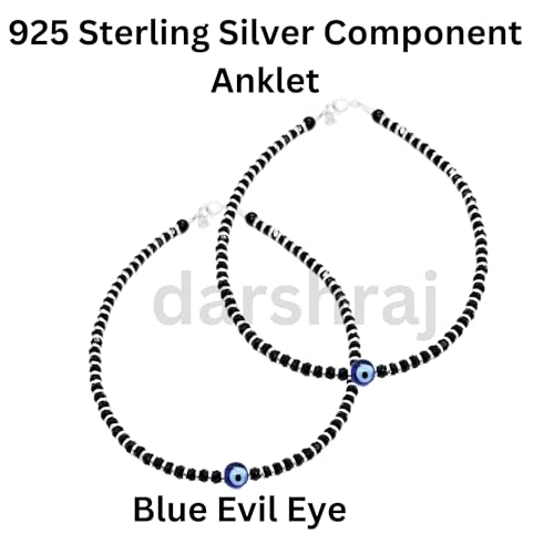 Sterling Silver Anklet | Blue Evil Eye Anklet | Black Beads Anklet |10.5 Inches Standard Size With Adjuster 1 Pair of Anklet3