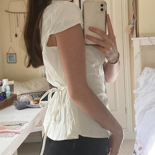 Vintage 90s Crop Shirt Women Cap Sleeve Lapel Collar Button Down Slim Fit Ruched Shirts Tie Back4