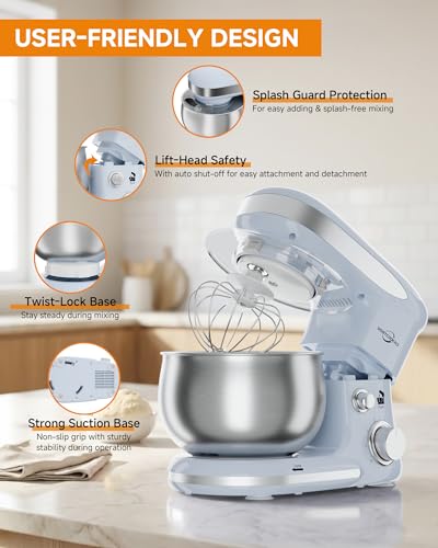Image of Stand Mixer, 3.4QT Mixers Kitchen Electric Stand Mixer, 6+P Speed 3-In-1 Kitchen Mixer with Whisk, Dough Hook, Flat Beater, Splash Guard for Baking, Cheesecake, Bread in Small Kitchen(Blue)