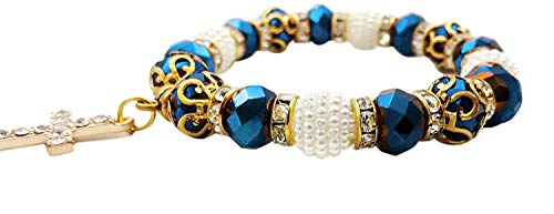 Nazareth Store Catholic Crystallized Cross Deep Blue Crystal Beads Wrist Rosary Bracelet Adjustable Elastic Bangle - Image 4