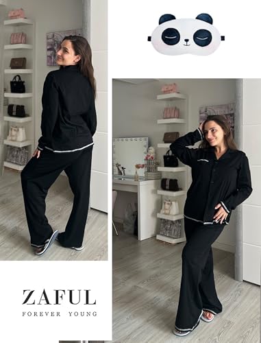ZAFUL Women's Cotton Pajamas Sets Notch Long Sleeve Sleepwear Button Down Nightwear Soft Pjs Lounge Sets4