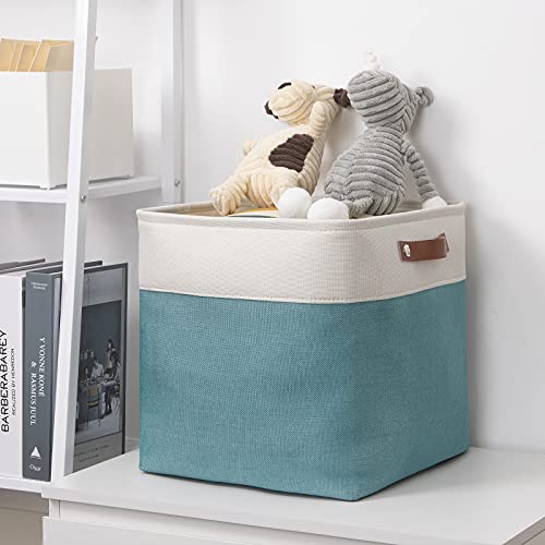 Image of DULLEMELO Cube Basket for Storage, Collapsible Fabric Cube for Organizing, Storage Cube for Closet, Laundry, Nursery, Shelves, Decorative Basket for Gifts Empty (White&Teal)