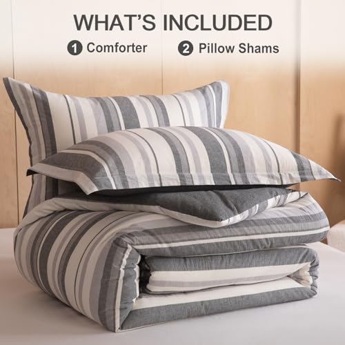Image of 100% Cotton Comforter Set King Size - Reversible Yarn-Dyed Stripe Design, Soft Washed Cotton on Both Sides, Lightweight All-Season Bedding, Machine Washable(Grey White Stripe, 104 inchx90 inch)