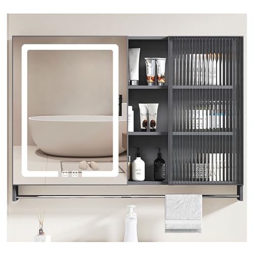Espejo de baño LED con contenedor de almacenamiento de pared (90 x 65 cm), diseño moderno, antivaho, control táctil, ahorra espacio, elegante solución de tocador para el hogar