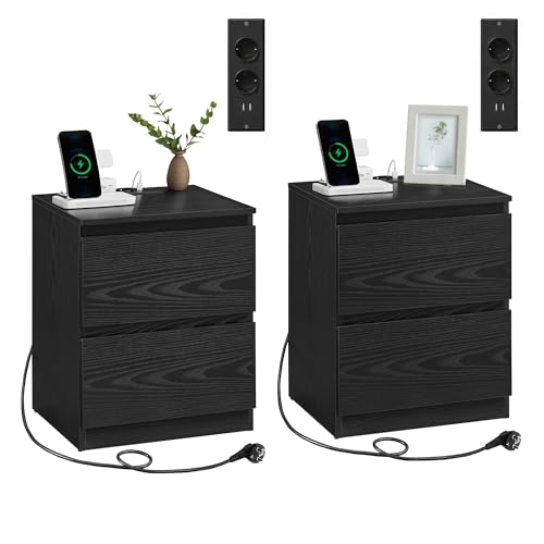 VASAGLE KAILYN Collezione - Comodini con Ciabatta Elettrica, Set di 2 Tavolini, 2 Cassetti, 2 Prese AC, 2 Porte USB-A, Soggiorno Camera da Letto, Moderno, Nero Ebano LET821B02
