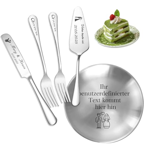 RSQGT Personalisiertes Tortenbesteck und Teller, Tortenmesser Mit Gravur Sowie Gabeln Teller, Kann Als Personalisiertes Geschenk Für Hochzeiten, Jubiläen
