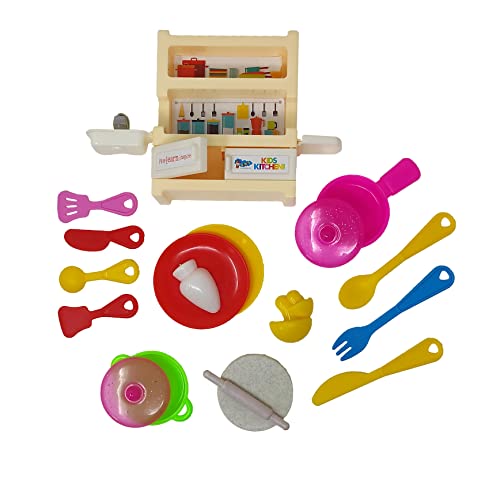 Image of Blossom Kitchen Set Toy for Kids | Pretend Play Cooking Set for Girls with Spoon, Fork, Knife, Pan, Plates, Vegetables, Chapati Roller & Stick | Modern Indoor & Outdoor Play Kitchen Toy - Multicolor