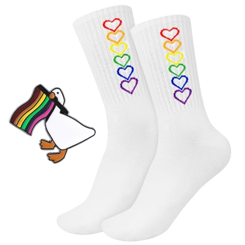 Dongcill Pride Socken, Regenbogen Socken, CSD Pride Outfit, mit LGBTQ Accessoires Pride Pin, Regenbogen Geschenke Gay Lesbian, Tennissocken 36–43 Unisex, für Pride Party Parades Karneval - Gans