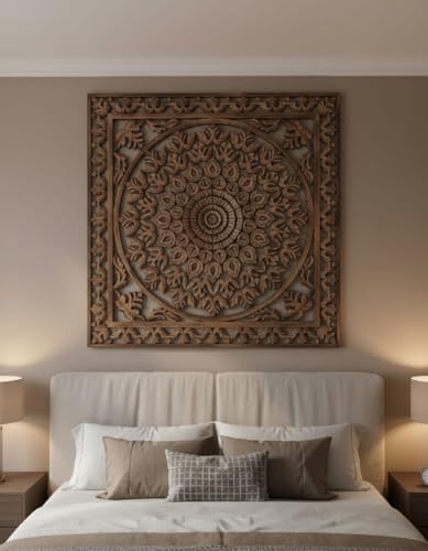 Image of Wall panel Floral MDF Wall Decoration Panel, Hanging Wood Carving Wall Decoration Panel for Living Room, Bedroom, Hallway, Office Wooden Wall Hanging Plaque, Wood Carving (Square Brown)