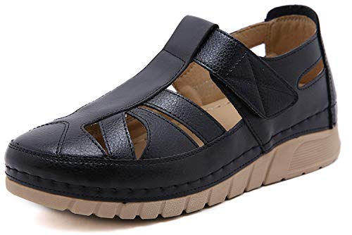 Sandalias Punta Cerrada para Mujer Sandalias de Verano de Cuero Sandalias Planas Cómodos,Negro,42 EU Cover