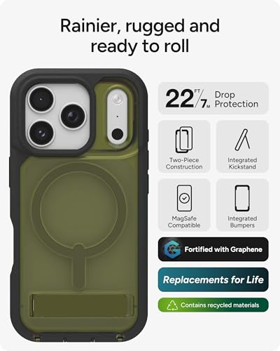 Image of ZAGG Rainier Case with Kickstand for iPhone 17 Pro - Green Sea Kelp, Graphene 22ft (7m) Drop Protection, Lanyard Attach Points, MagSafe, Wireless Charging Compatible, 2-Piece Design, Phone Case