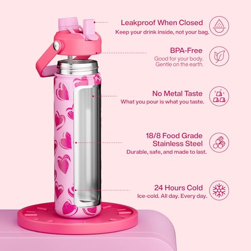 Image of ENCOOL Insulated Water Bottle with Straw Stainless Steel Water Bottle, Leak-Proof, BPA-Free, Keeps Cold for 24 Hours for Sports, Travel, School (26 oz, Sketch Hearts Pink x Pink)