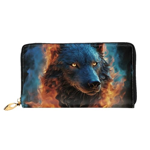Wolf Head in Blue Flames Leather Wallet for Women Long Coin Purse Ultra Slim Credit Cards Holder Bifold Clutch