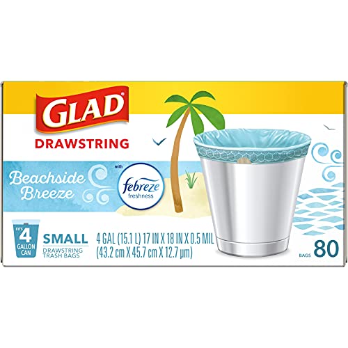 Glad Odorshield Sacos de lixo pequenos com cordão, 4 galões, Febreze Beachside Breeze, 80 quilates,