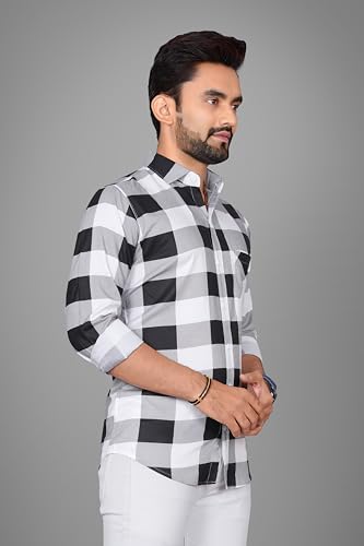 Image of Voroxy Men's Casual Checks Shirt with Pockets Cotton Blend Stylish Branded Checkered Pattern Formal Shirt & Regular Fit Full Sleeves and Spread Collar Style