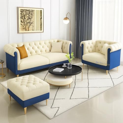 Image of Modern Classic 5 Seater Sofa Set Couch Fabric & Valvet Tufted 3+1+1Footrest Chesterfield Sofa Living Room and Office (Blue & Beige 3+1 and Footrest) | Premium Material, Easy Maintenance, Spacious Seating
