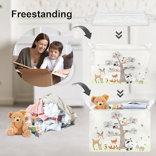 Image of Clastyle 36L Large Woodland Animal Tree House Baby Basket Rectangle Deer Fox Squirrel Shelf Basket with Handle Collapsible Book Toy Clothes Towel Nursery Storage Basket | Waterproof Large Dirty Clothes Book Gift Toy Organizer Bin, Nursery Playroom Bedroom Bathroom Shelf, Deer Fox Squirrel