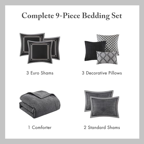 Image of Madison Park Signature Cozy Comforter Set - All Season Bedding Comforter, Shams, Decorative Pillows, Geometric Shades of Black King (110 in x 96 in) 9 Piece