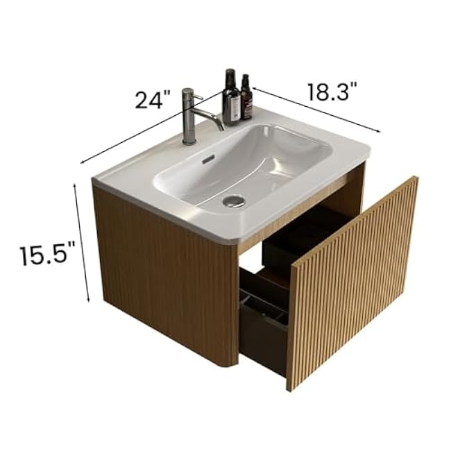 24 Pre - Assembled Wall - Mounted Floating Bathroom Vanity in Striped Natural Oak with White Ceramic Sink