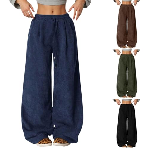 Corduroy Pants for Women Wide Leg High Waist Loose Comfy Trousers Elastic Loose Fit Drawstring Pants with Pockets