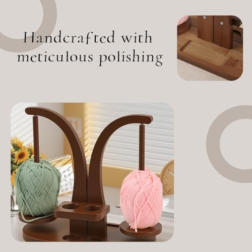 Image of Yarn Holder for Crocheting, Yarn Holder Spinner - Wooden Yarn Ball Holder with Magnetic Rotating Mechanism, Double Spindles, Ideal Crochet Gift for Knitting Lovers