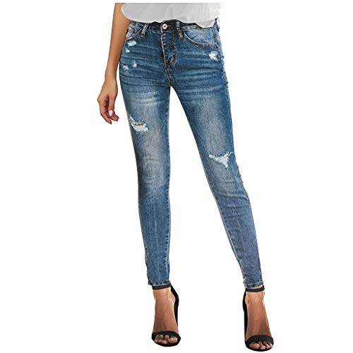 Aoukey Women's Stretch Pull-On Skinny Ripped Distressed Denim Jeggings Regular-Plus Size Blue