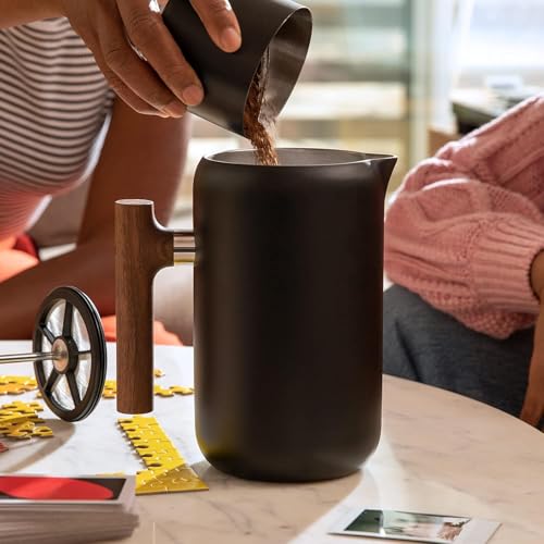 Fellow Clara French Press Coffee Maker - Portable Stainless Steel Coffee Press, Insulated Manual Brewer, Matte Black with Walnut, 24 oz Carafe - Image 2