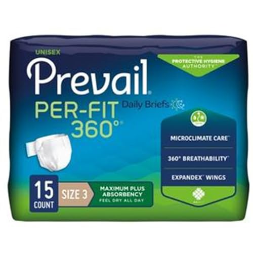 Prevail Per-Fit 360 Daily Incontinence Briefs, Unisex Adult Incontinence Briefs with Tabs, Maximum Plus Absorbency, Size 3, 15 Count Bag