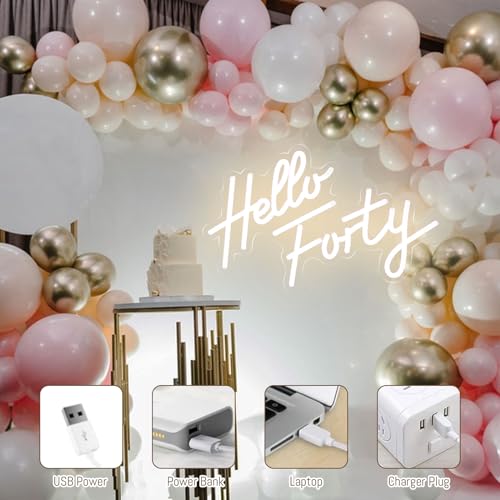 Image of Hello Forty Neon Sign 40th Birthday Party Decorations Neon Signs Hallo Forty Party Favors LED Neon Lights Gift for Him /Her