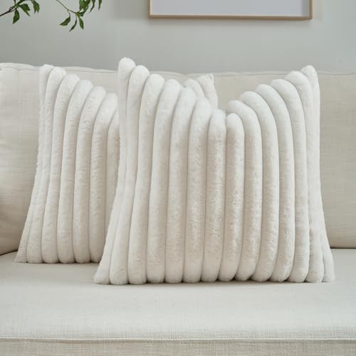 FUTEI Cream White Striped Decorative Throw Pillow Covers 26x26 Inch Set of 2,Square Fall Decorations Couch Euro Pillow Shams,Soft Cozy Faux Rabbit Fur & Velvet Back,Modern Home Decor for Bed
