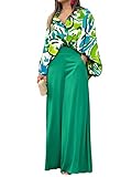 MRSYVES Women Two Piece Set Loose Printing Printed Lapel Shirt Wide Leg Pants With Pocket Casual Office Travel Vacation At Home Wear Green Leaf-L