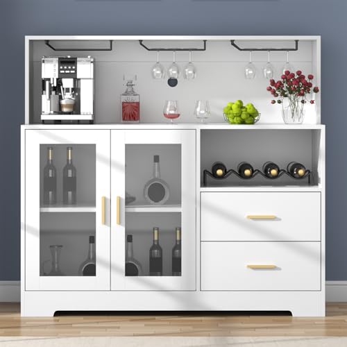 Image of Bar Cabinet for Home with LED Light,Coffee Bar Cabinet w / Wine & Glass Rack | Wine Cabinets with Storage Cabinet &Drawers, Modern Liquor Cabinets for Kitchen, Living Room, Dining Room (White)