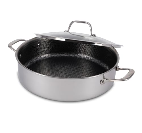 Image of T-Fal HybridMesh Tri-Ply Stainless Steel 6 Quart Shallow Pan With Lid, Induction Oven Safe 500F, Metal Utensil Safe, Ideal For Searing, Cookware, Dishwasher Safe, Needs Pre-Heating, Silver /Black