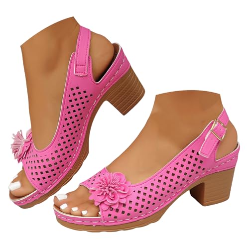 Women's Sandals Summer Open Toe Ankle Buckle Sandal Chunky Heels Sandals for Women Slingback Casual Solid Color Hollow Out Platform High Block Heel Floral Wedge Sandal Dressy Shoes