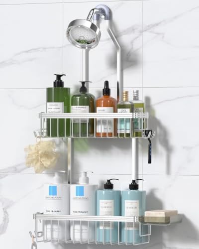 YASONIC Never Rust Shower Caddy Hanging, Aluminum Shower Racks for Inside Shower, 2-Tier Shower Organizer Hanging Over Shower Head with Hooks and Soap Holder, Silver