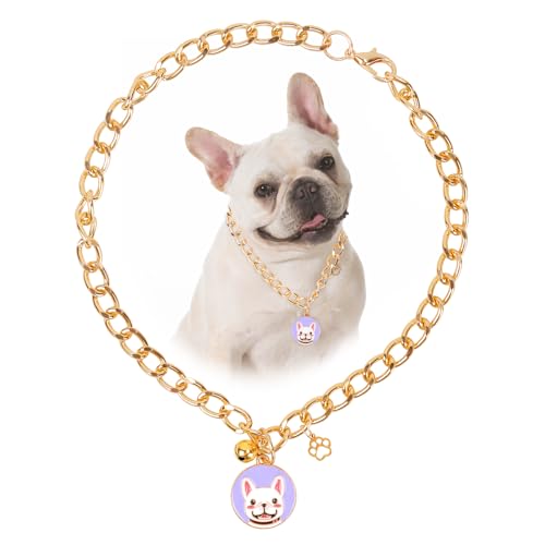 Image of HOWWFALY Dog Collar and Cat Chain Necklace Stainless Steel Adjustable 18K Gold Heart-Shaped Necklace for Small Pets Cats Kitten Puppy (Gold, 17.7 inch)