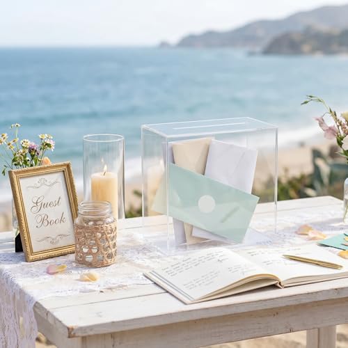 Image of UNIQOOO Clear Acrylic Card Box w /Slot, Thick DIY Wedding Box Blank No Print, Large 10x10x5.5 in, for Reception Decoration Fundraiser Money Box Election Ballot Graduation Keepsake Party Favor