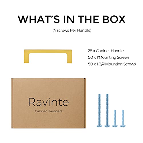 Image of Ravinte Brushed Brass Solid Pulls Cabinet Handles 3-1 /2 Inch 25 Pack | Solid Zinc, Slim Design, Mounting Screws Included, Kitchen Cabinet Hardware, For Cupboards, Dressers, Drawers