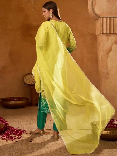 Image of Naixa Women's Lemon Chinon Embroidered Printed Straight Kurta with Green Pant | Chinon Laced Dupatta Set | 3 /4 Sleeve | V-Neck | Haldi (Available in Plus Size)