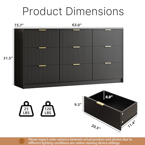 Image of MAISONARIA Black 9 Drawer Dresser for Bedroom, 63 inch Wide Modern Fluted Dresser with Gold Metal Handles, Chest of Drawers for Bedroom, Living Room, Entryway, Hallway