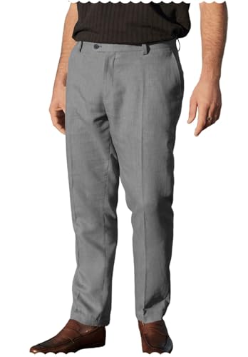 Men's Casual Linen Dress Pants Iron Free Flat-Front Straight Fit Beach Trousers