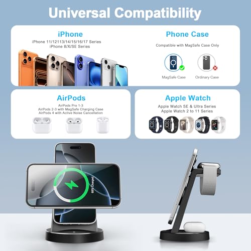 Magnetic Wireless 3in1 Charging Station: 15W Wireless Quick Charger Stand for iPhone 17 16 15 14 13 12 Pro Max for Apple Watch Series for AirPods 4 3 2 Pro Fast Charging Dock (30W Adapter Included)